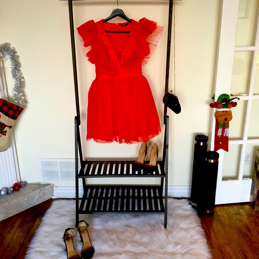 Red Ruffle Trim Mesh Dress